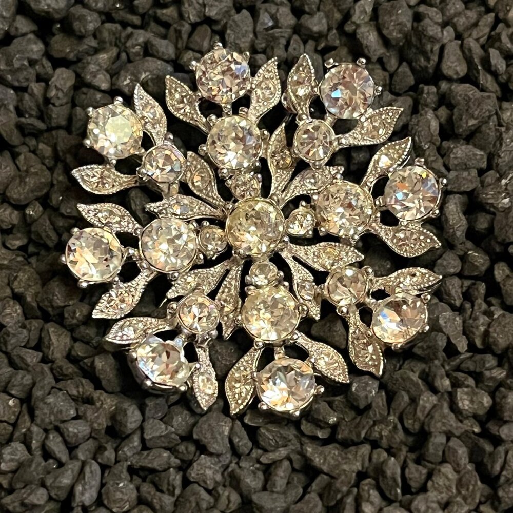 Vintage Bogoff Clear Rhinestone Snowflake Brooch … - image 1